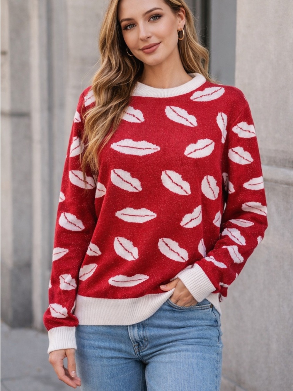 Alice Blue- Red Lip Print Crewneck Sweater